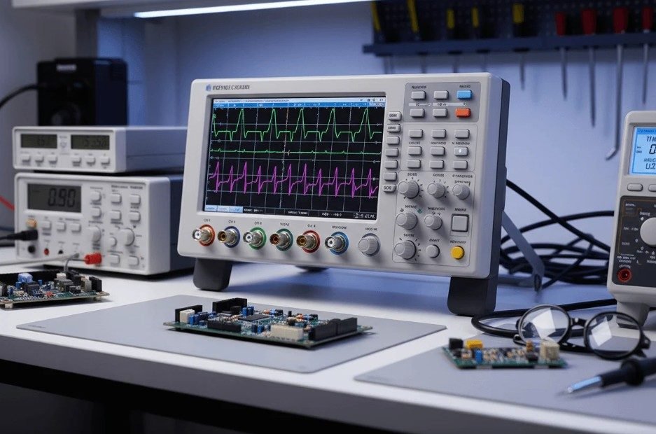 Banco de laboratorio con osciloscopio e instrumentos de medición